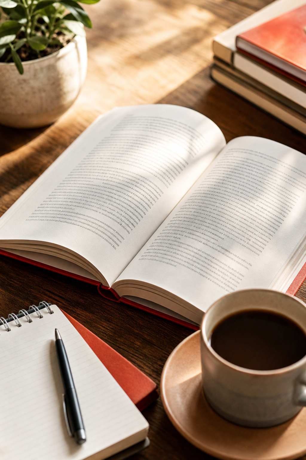Boutique non-fiction book promotion setup with open book and writing tools.