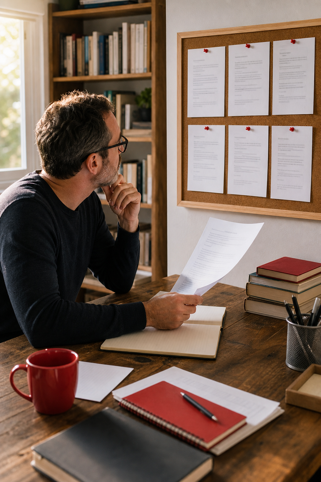 non-fiction author planning a 7-day book launch email sequence at a home office desk.