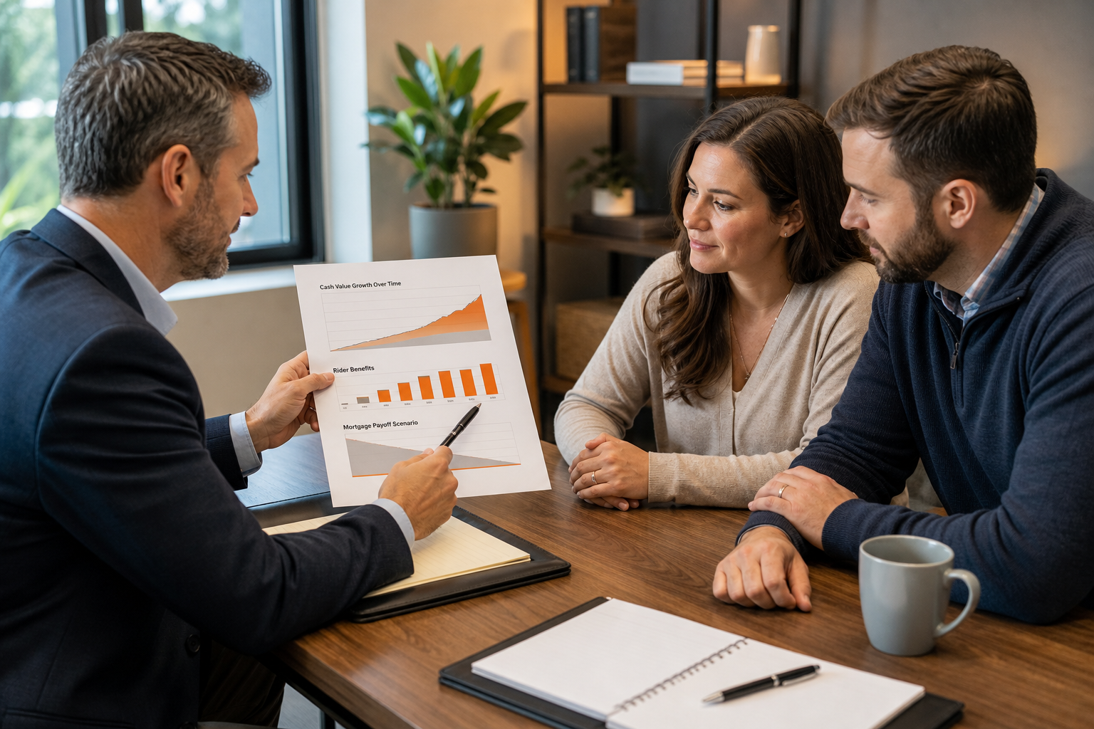 advisor explaining IUL benefits to family