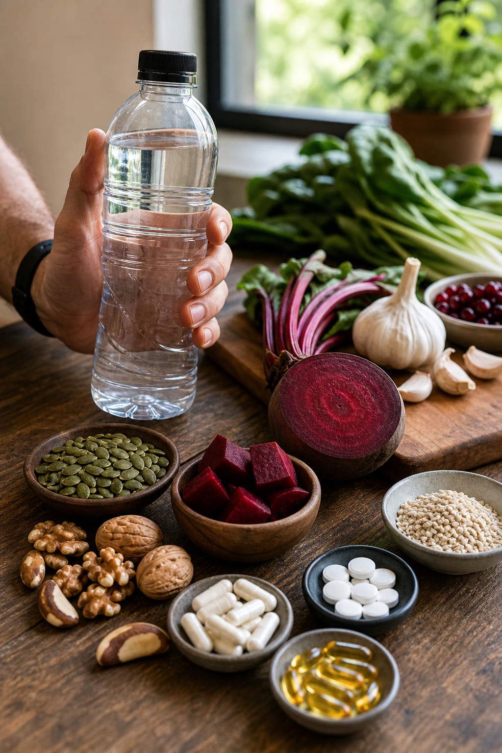 A realistic scene of a man’s hand holding a water bottle beside a spread of natural ingredients like beetroot, zinc tabl