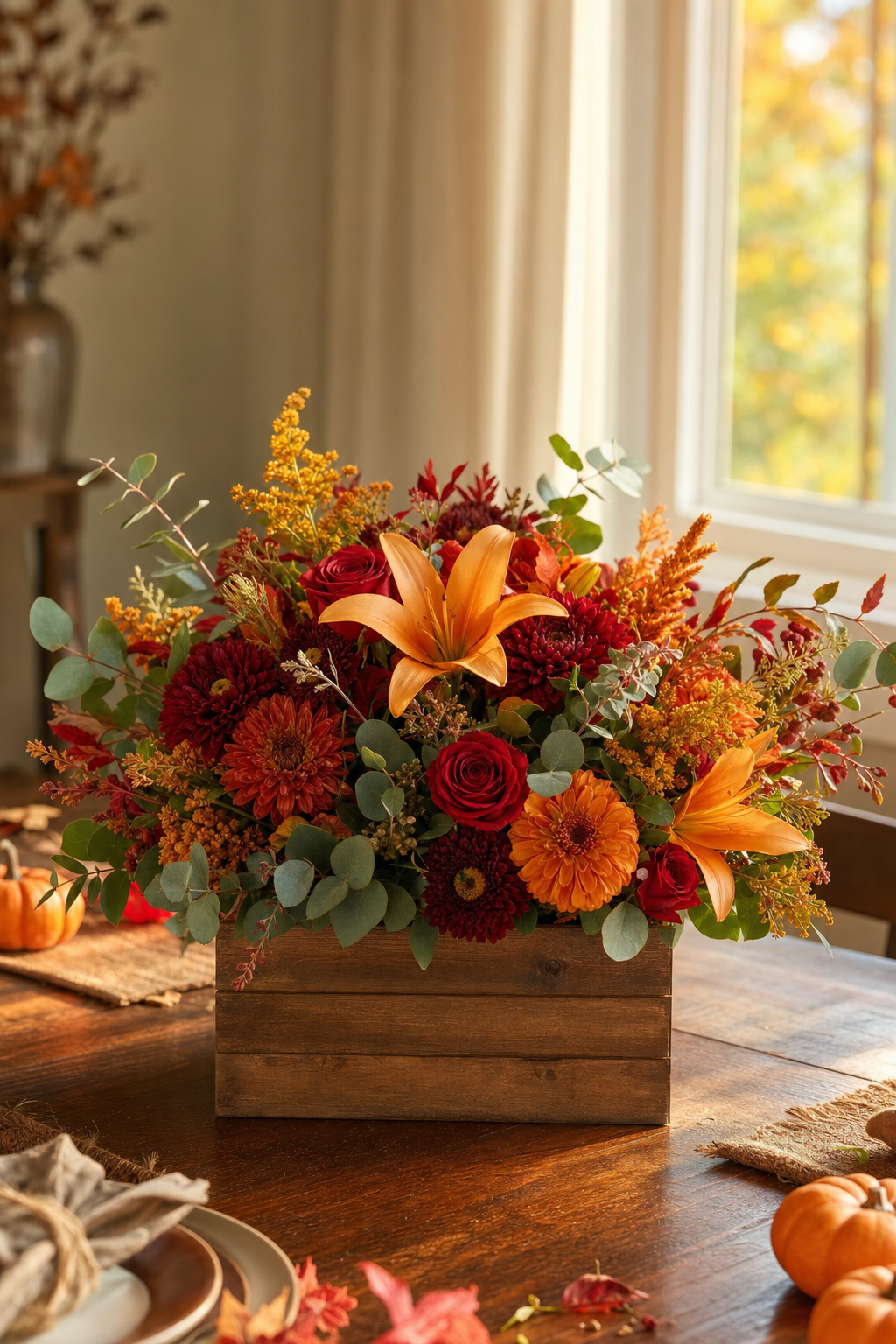 autumn flower wood box for seasonal last minute flower delivery in Hollywood FL.