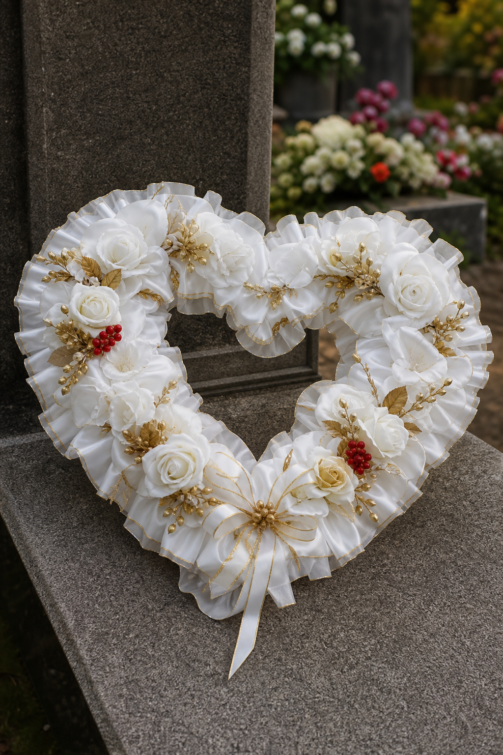 A photorealistic view of a white silk heart‑shaped wreath with gold accents, placed on a stone grave, natural lighting,