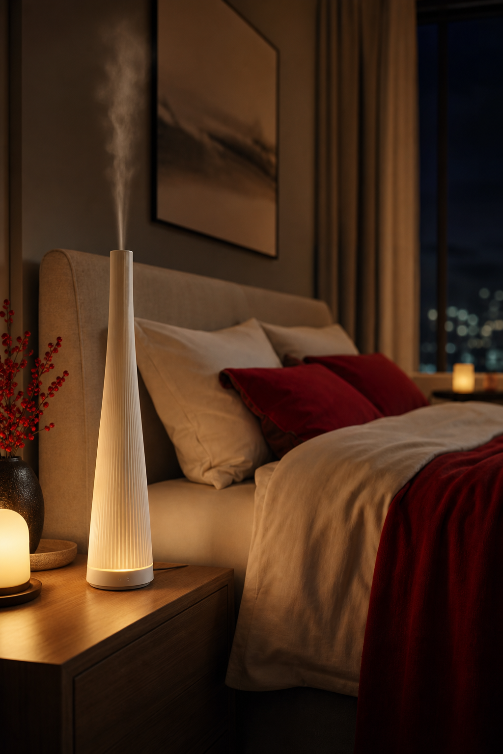A serene bedroom with a tall, elegant tower diffuser quietly emitting fragrance, soft night light glows, plush bedding.