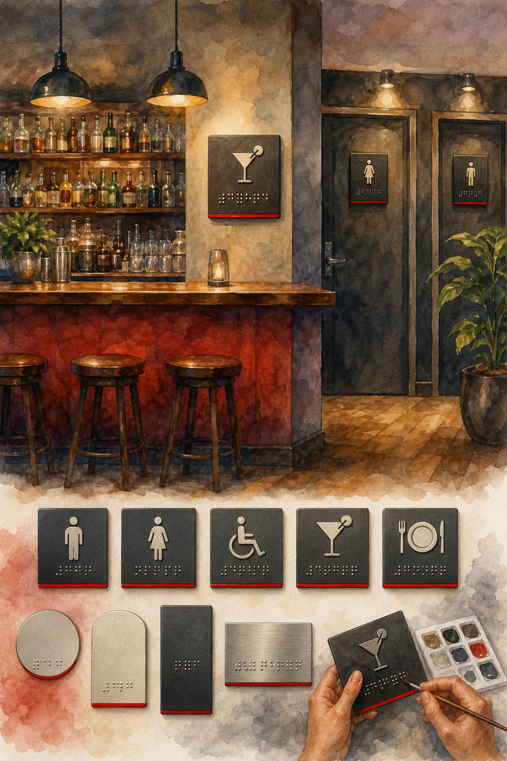 A watercolor illustration of a cozy bar interior with tactile Braille signs above the bar counter and restroom doors, sh