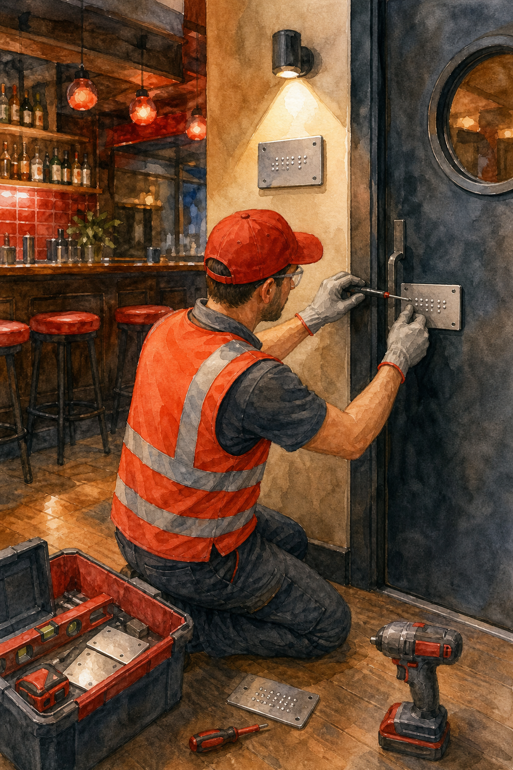 A watercolor scene showing a technician installing Braille signs on bar doors and walls, with tools and safety gear, alt