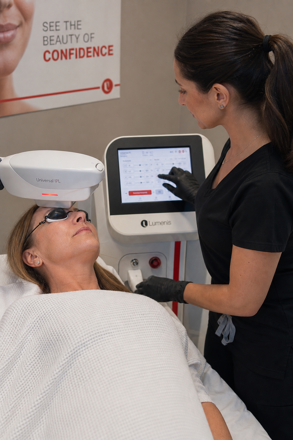 IPL treatment for age spots in a modern aesthetic clinic.