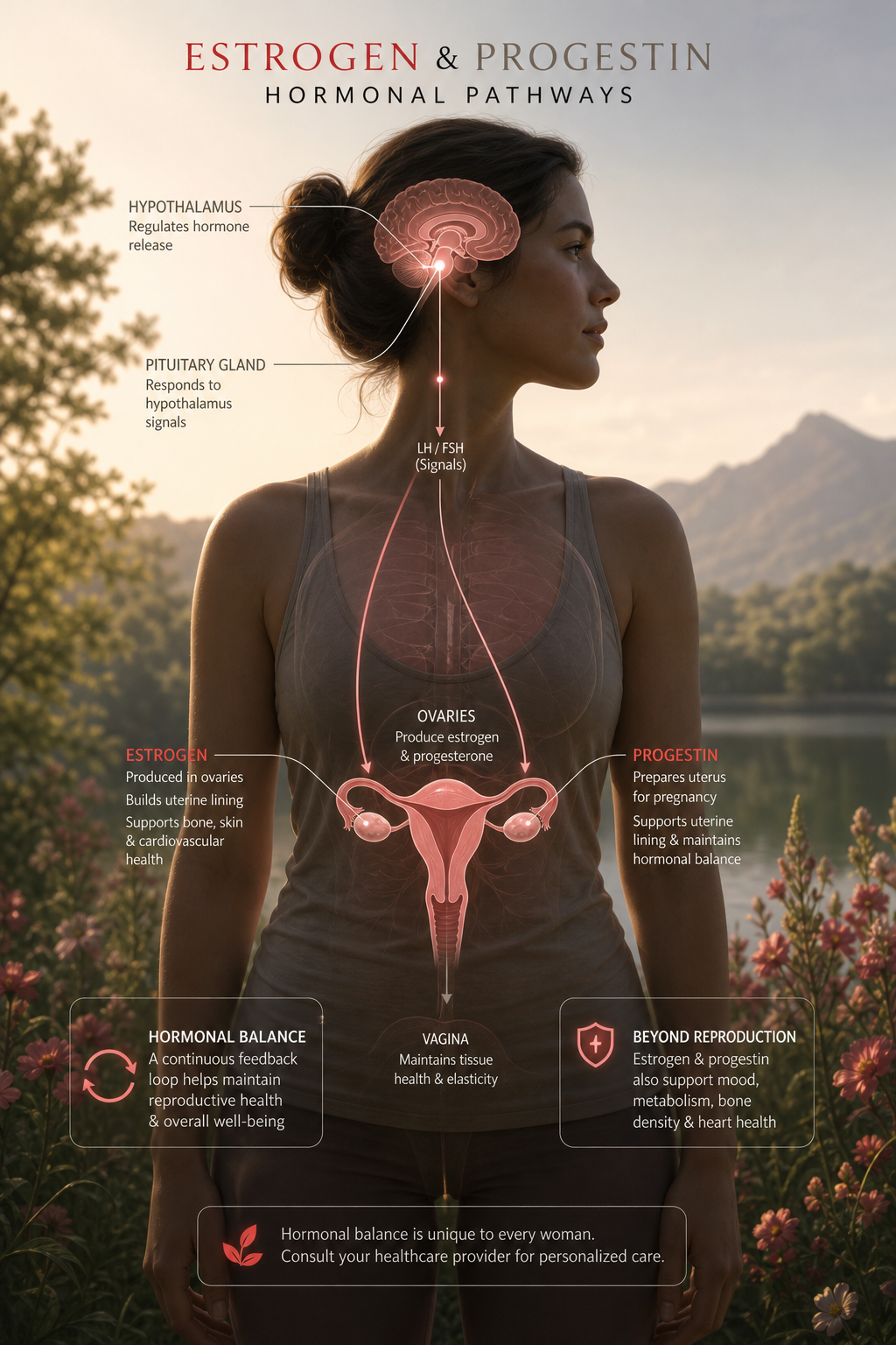 A realistic illustration of a woman’s silhouette with highlighted hormonal pathways, soft pastel colors, alt=