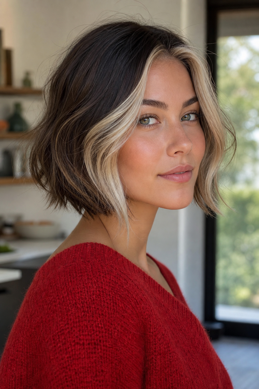 A realistic portrait of a woman with a short bob, featuring a bright face‑framing money piece balayage that highlights t