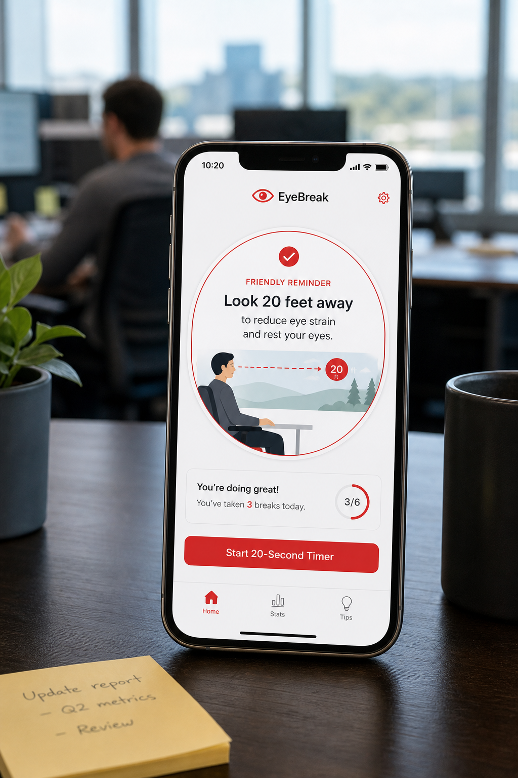 EyeBreak app encouraging the 20‑20‑20 rule