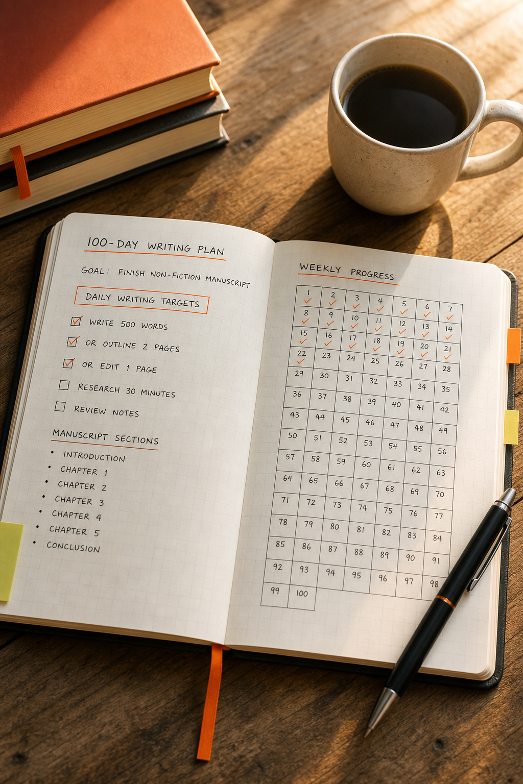 non-fiction author using a 100-day structured writing program to finish a manuscript.