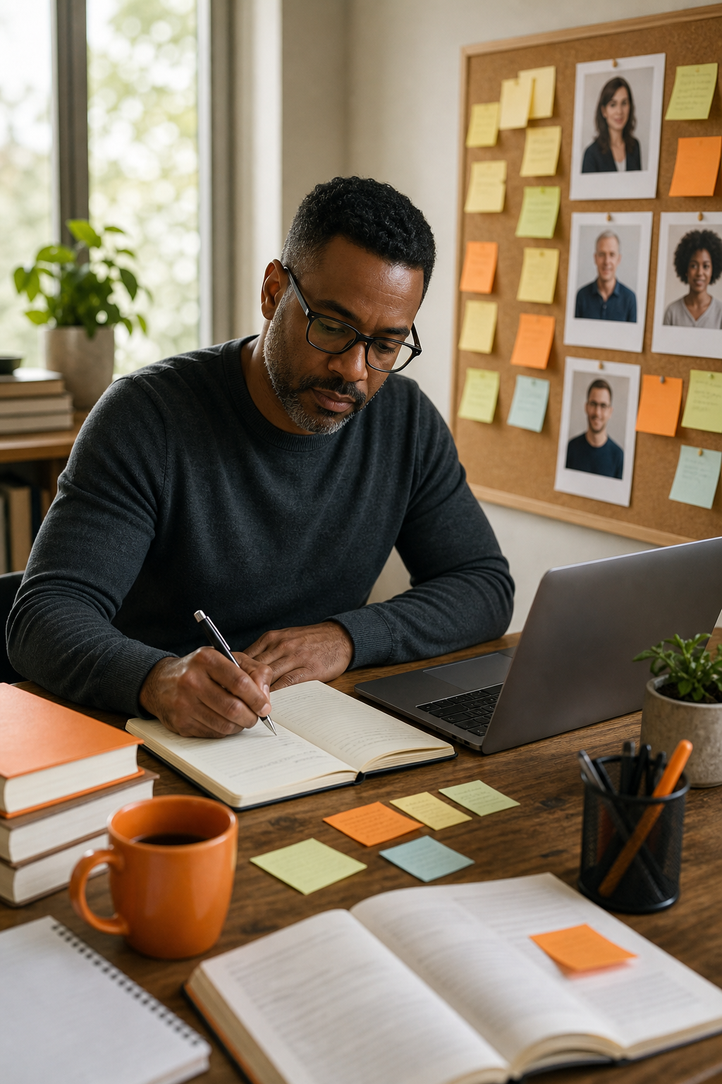 non-fiction author building brand and audience strategy at a writing desk.