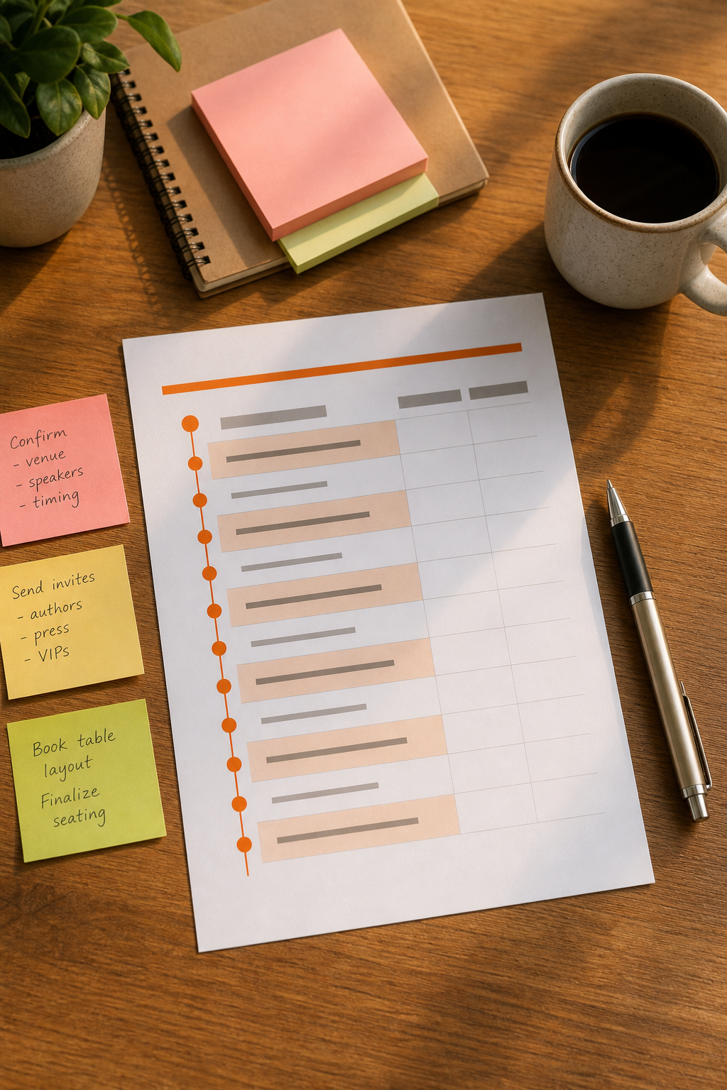 book launch event itinerary template laid out on a desk with planning notes.
