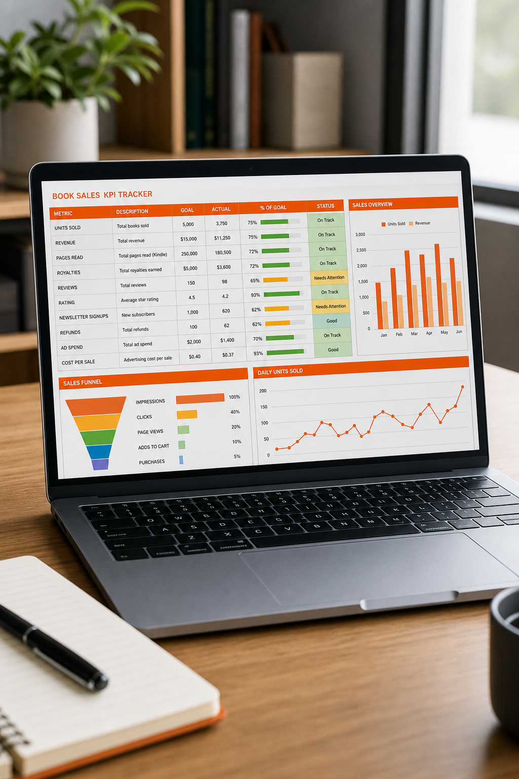 book sales KPI spreadsheet tracker open on a laptop screen for tracking launch performance.