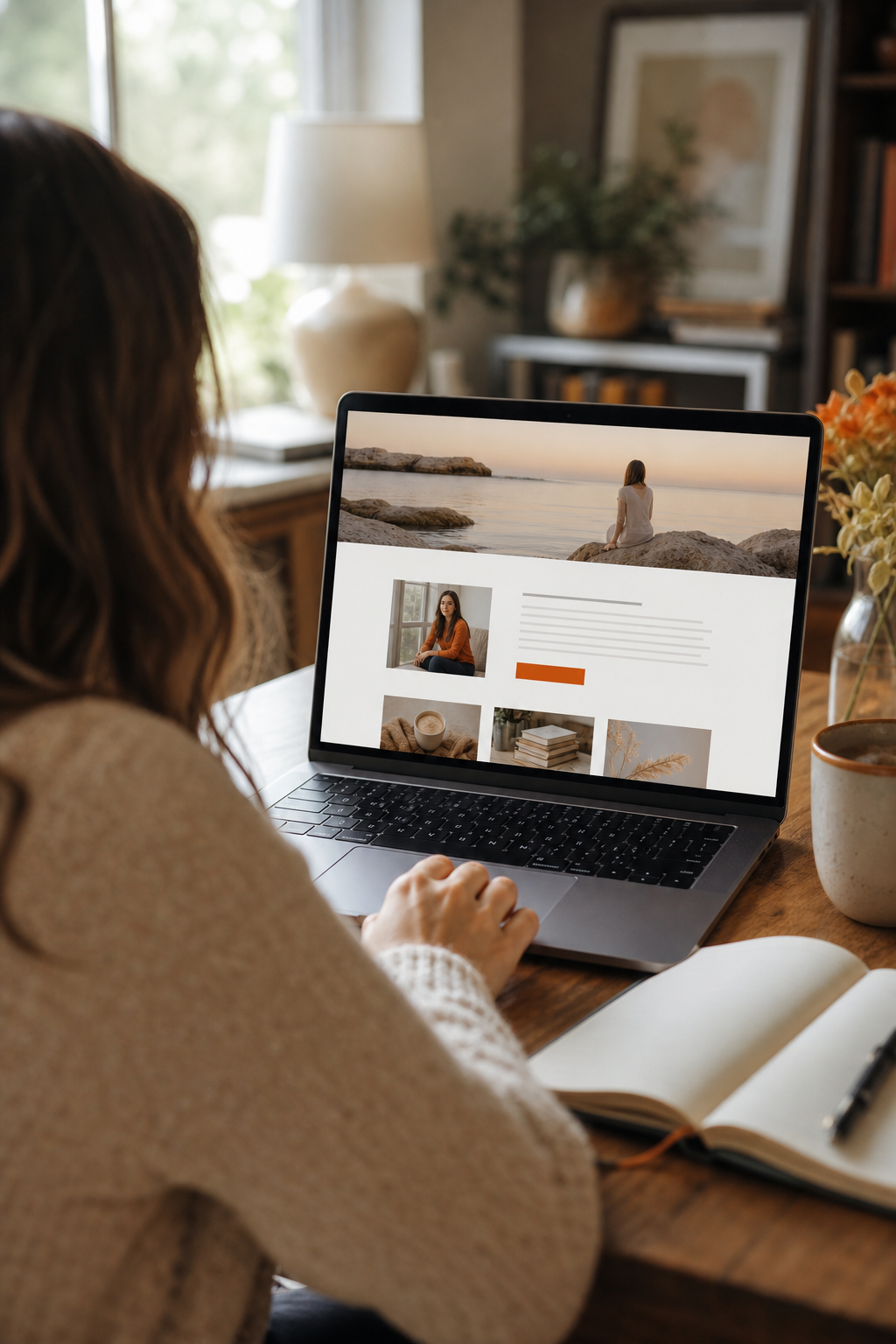 author reviewing Squarespace website design on a laptop
