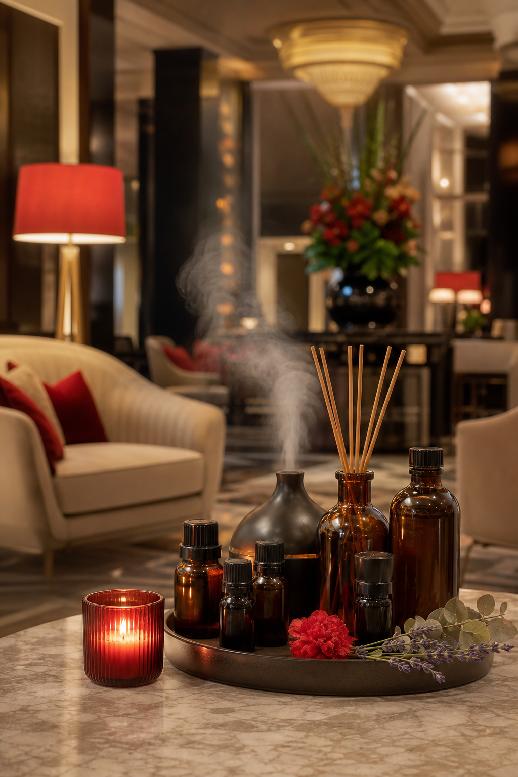 A cozy hotel lobby with plush seating, soft lighting, and a subtle mist of fragrance in the air, representing a collecti