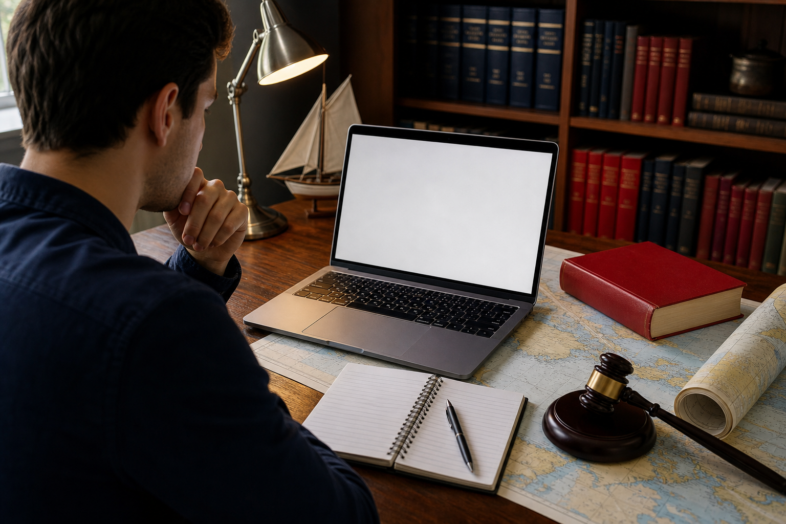 A photorealistic scene of a student at a desk reviewing law school applications on a laptop, with maritime charts and a 