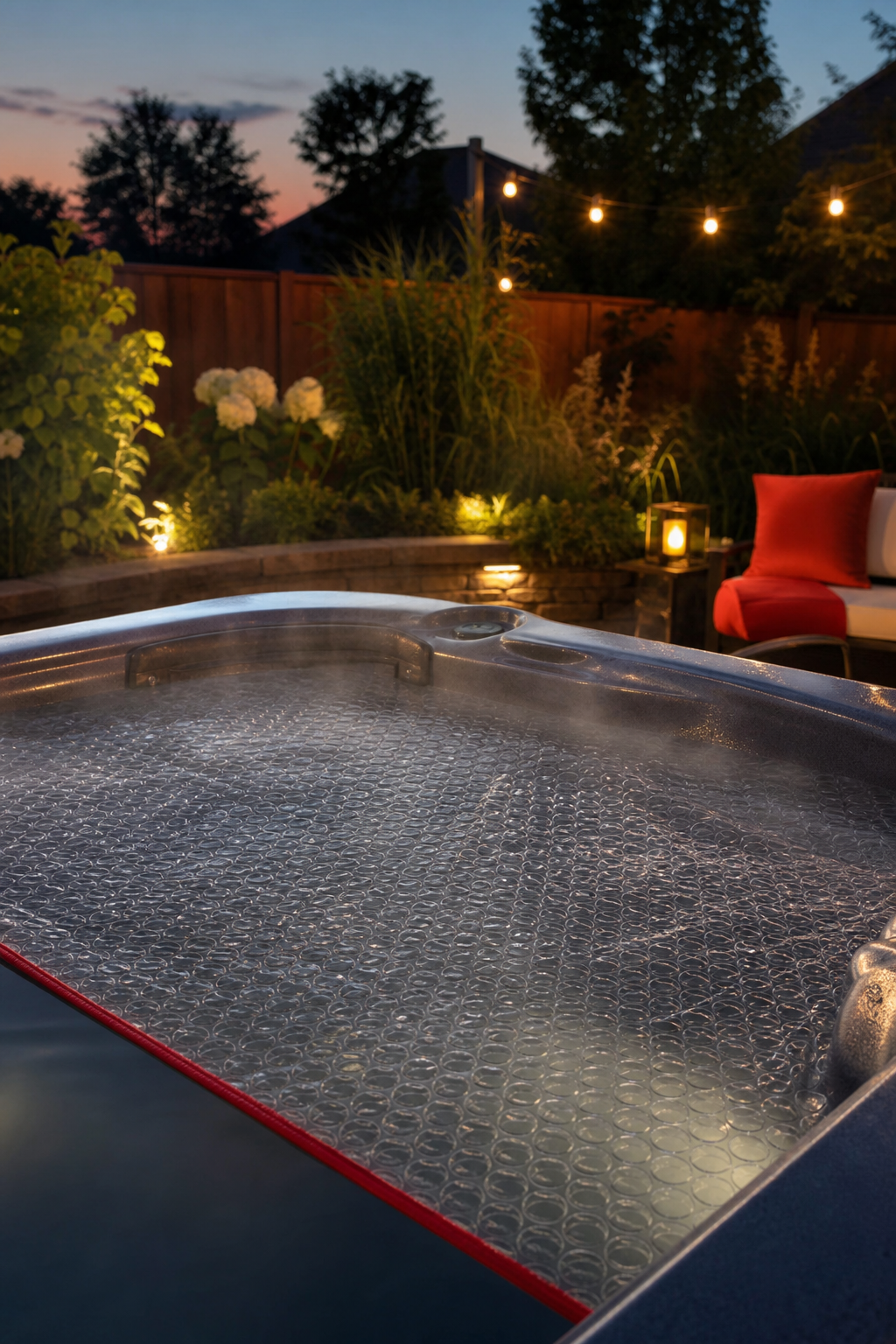 A realistic outdoor scene showing a hot tub at dusk with a thin solar blanket floating on the water, gentle steam rising