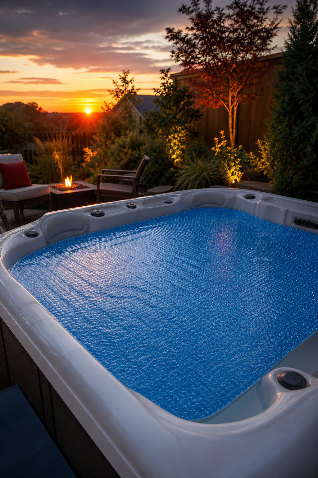 A realistic backyard scene at sunset showing a hot tub with a blue‑tinted solar blanket floating on the surface, subtle