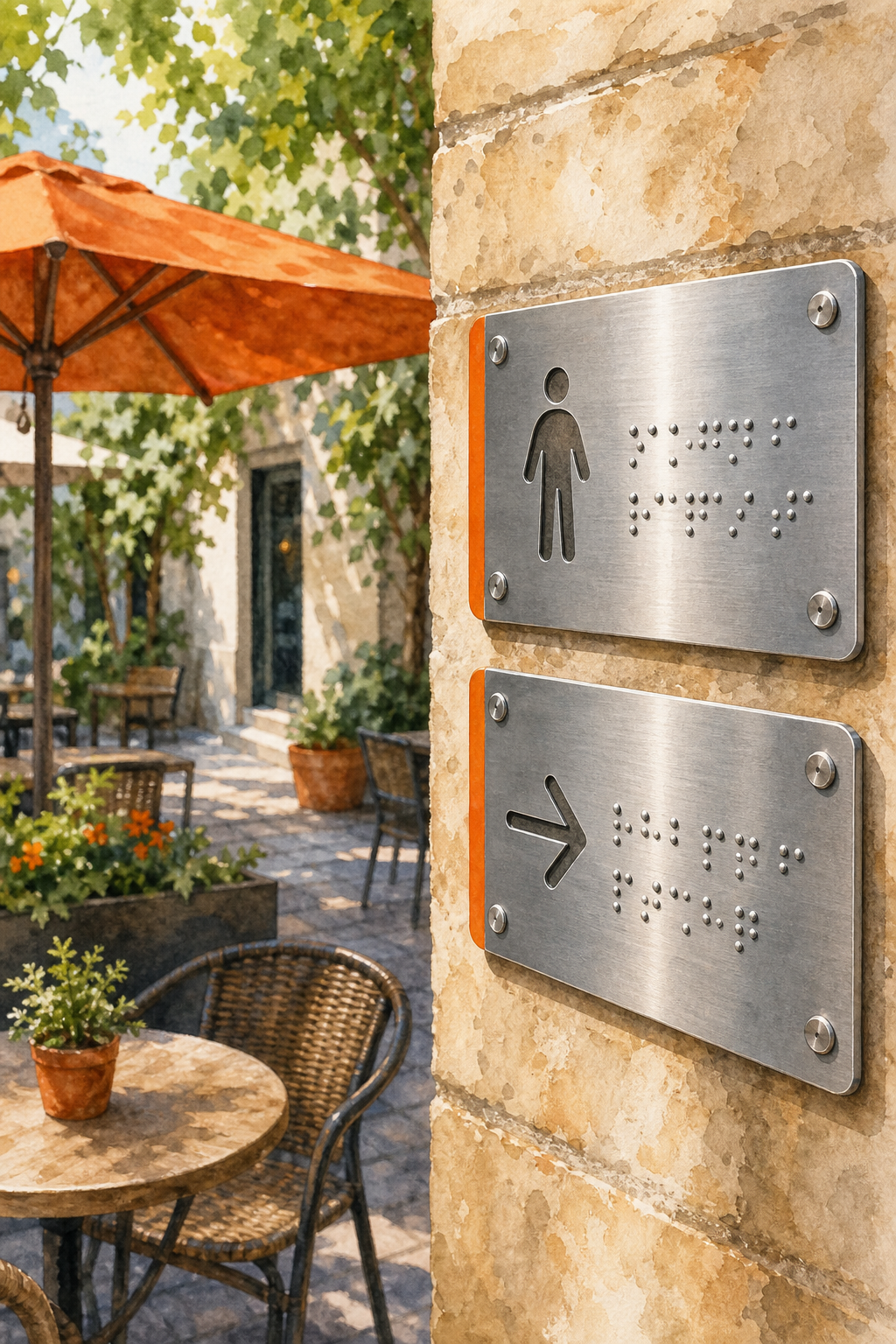 señalética Braille exterior, acero inoxidable, café