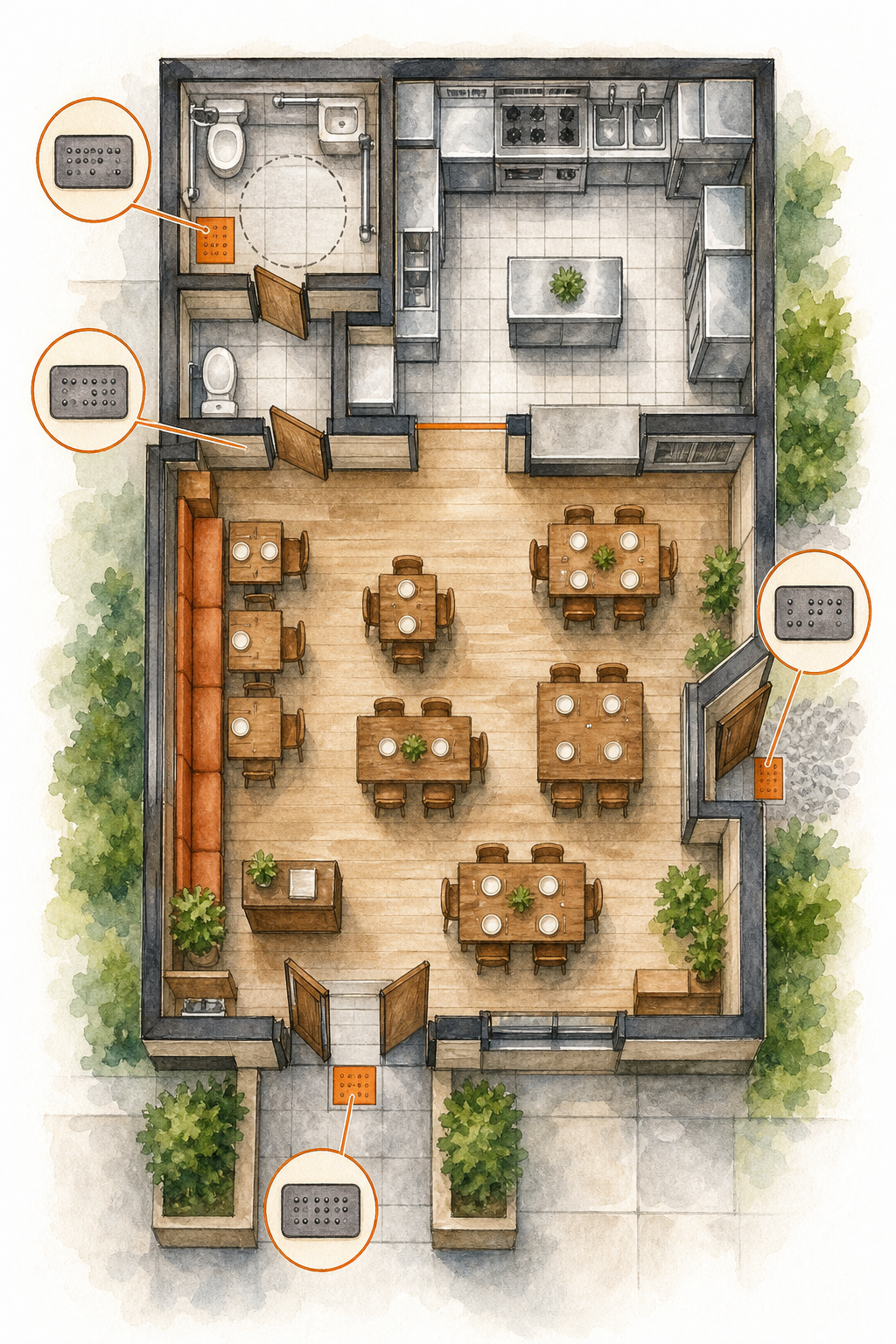 restaurant floor plan with Braille signage locations
