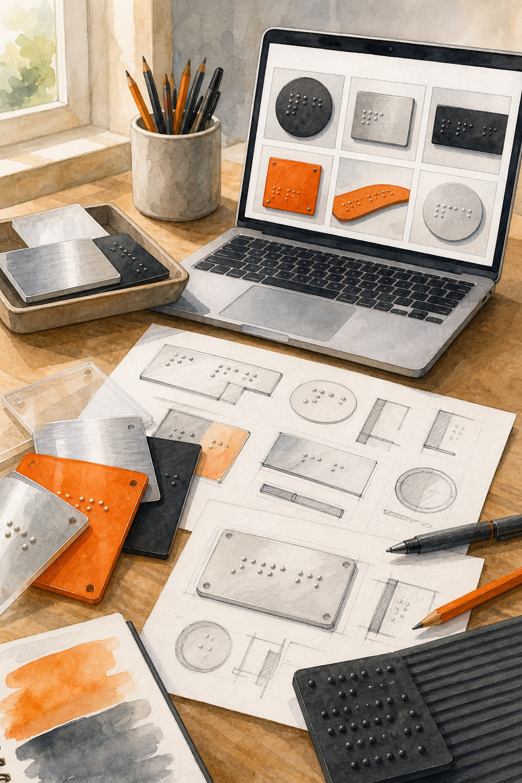 designer workspace with Braille sign concepts and material samples