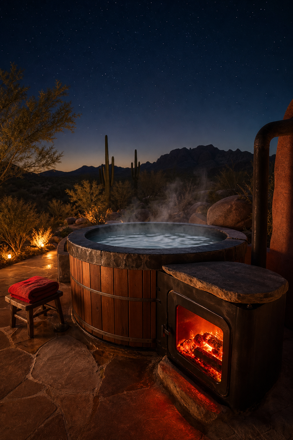 wood‑fired hot tub in desert setting