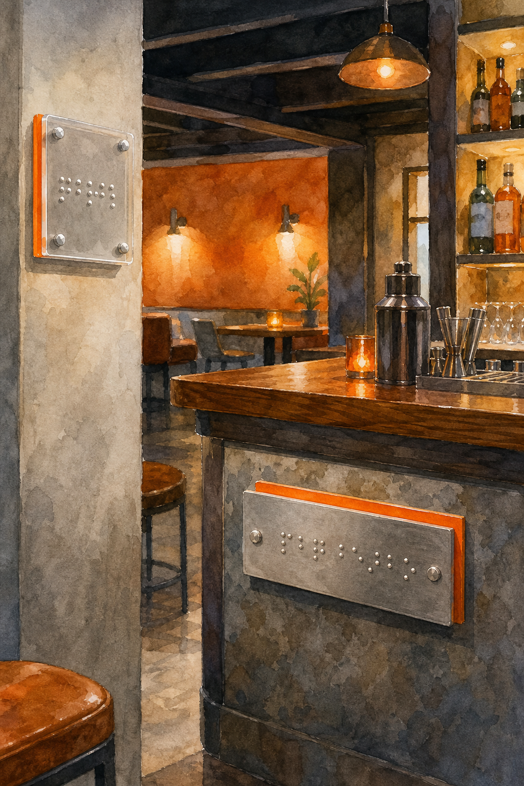Watercolor illustration of a welcoming bar interior with tactile Braille signs on walls and a bar counter, showing diver