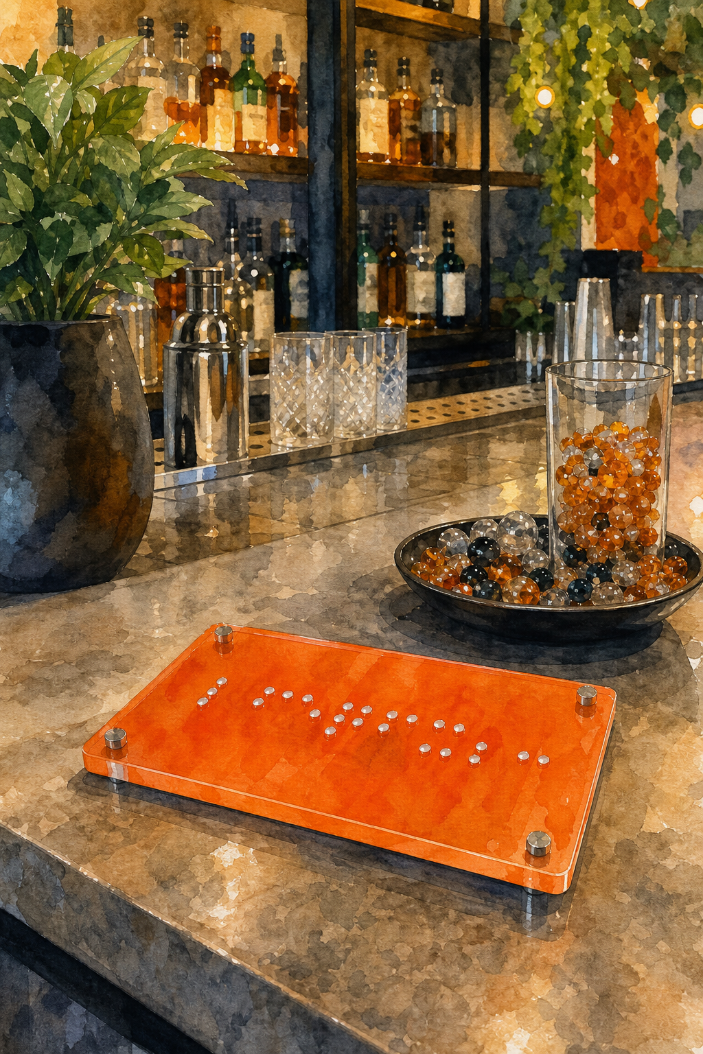 Watercolor scene of a bar counter with bright acrylic Braille signs and decorative plastic beads, alt: señalética Braill