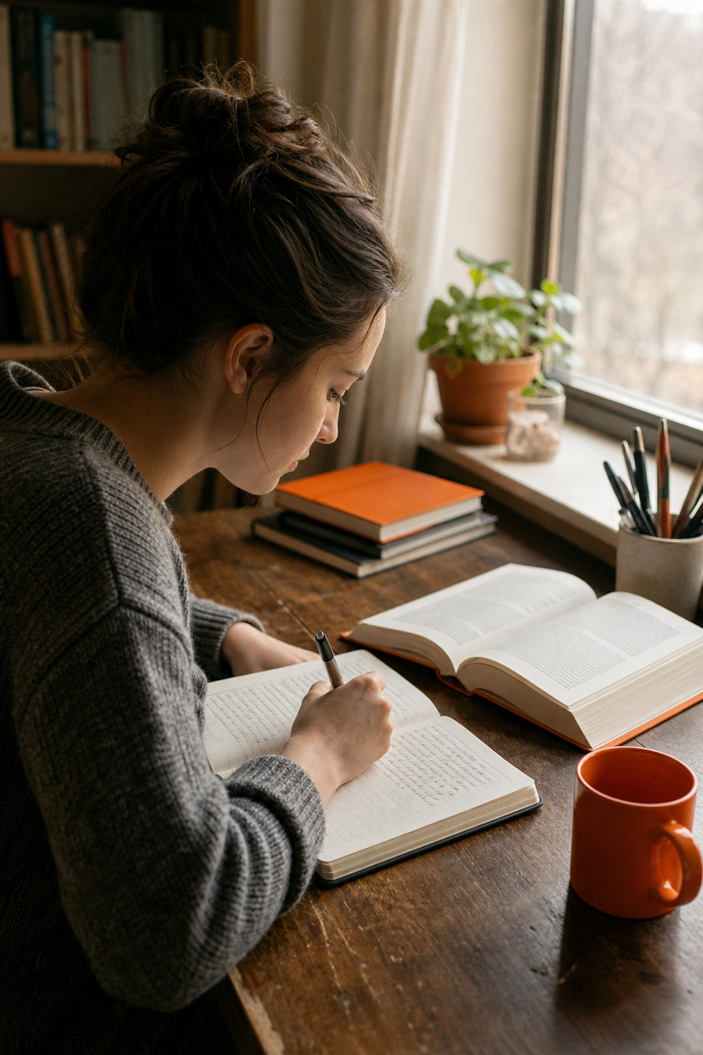 reader writing a nonfiction book review at a desk with the book open nearby.