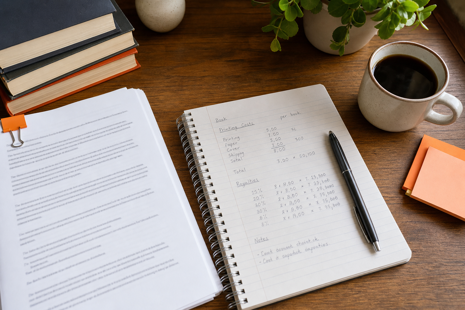 non-fiction author calculating book printing costs and royalties at a desk.