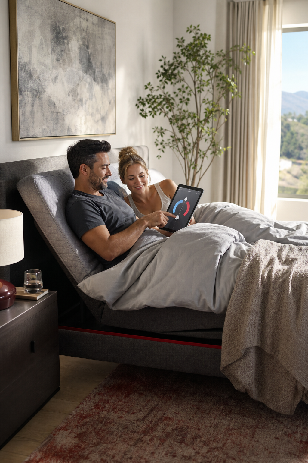 A realistic bedroom scene showing a couple on a smart bed with visible temperature controls glowing on a tablet, soft mo
