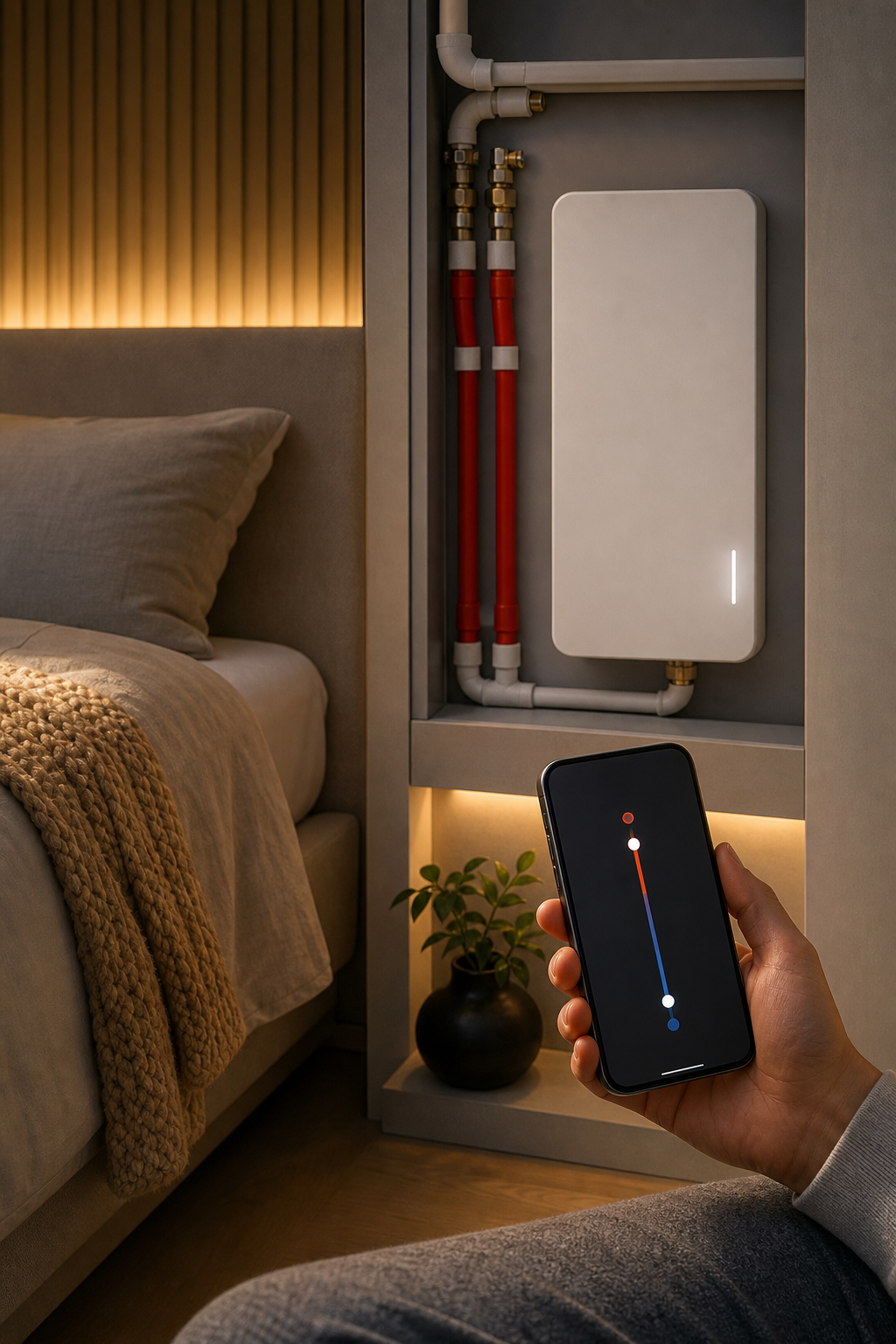 A realistic close‑up of a bedroom with a water‑based cooling system installed, showing the sleek control unit and a phon