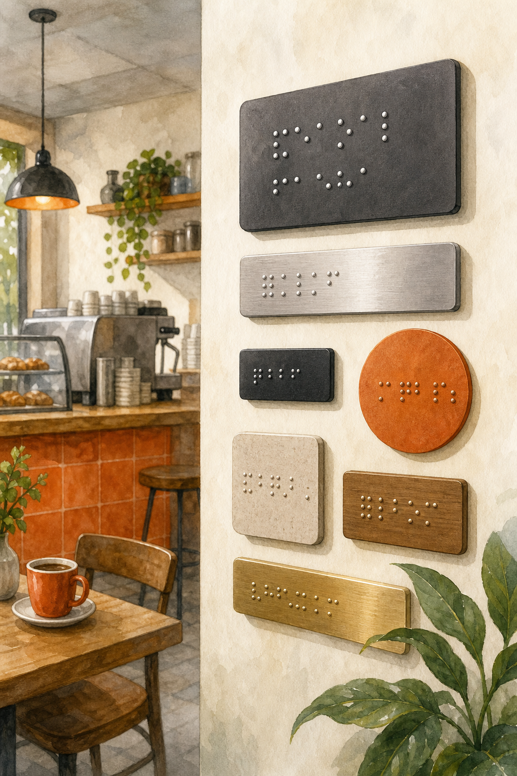señalética braille para cafetería, diferentes tamaños y materiales.