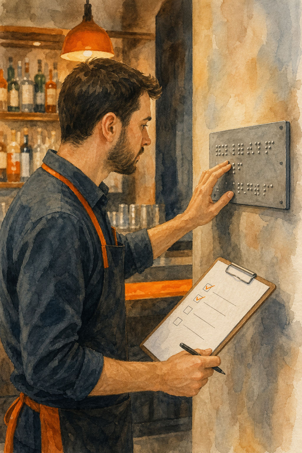 mantenimiento de señalética Braille en bares, inspección y actualización de placas Braille.
