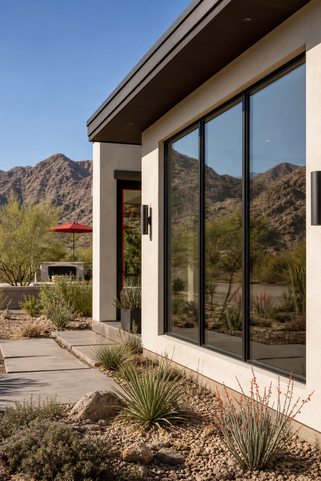 A realistic scene of a sunlit modern home façade with large argon‑filled double‑pane windows, showing the glass reflecti