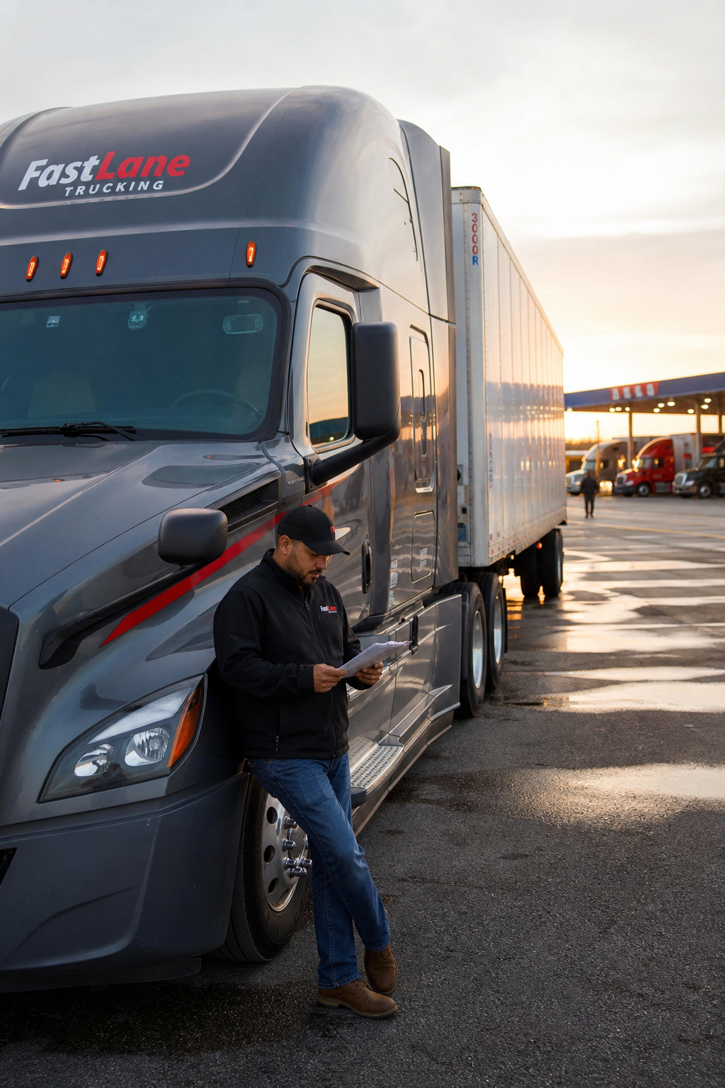 A realistic photo of a modern semi‑tractor parked at a bustling truck stop, driver checking paperwork, bright sunrise, n