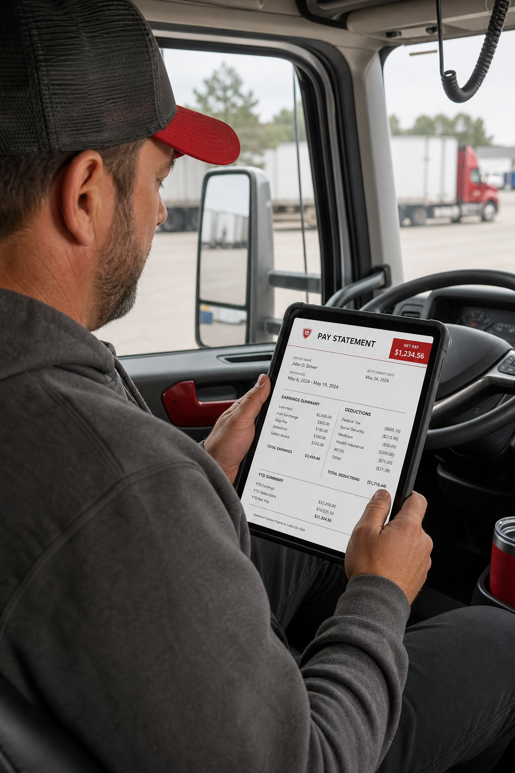 A realistic scene of a truck driver reviewing a pay statement on a tablet inside a well‑lit truck cabin, alt: CDL driver