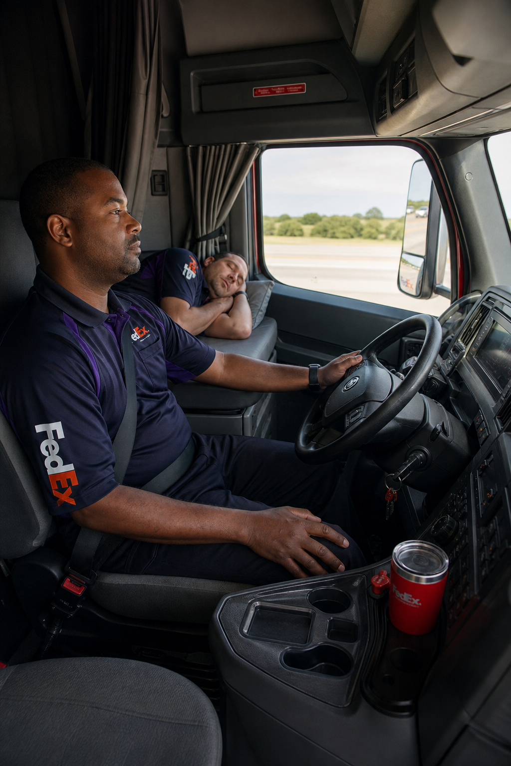 A realistic photo of two truck drivers sharing a cab, one handling while the other rests, alt: Team drivers in a FedEx t