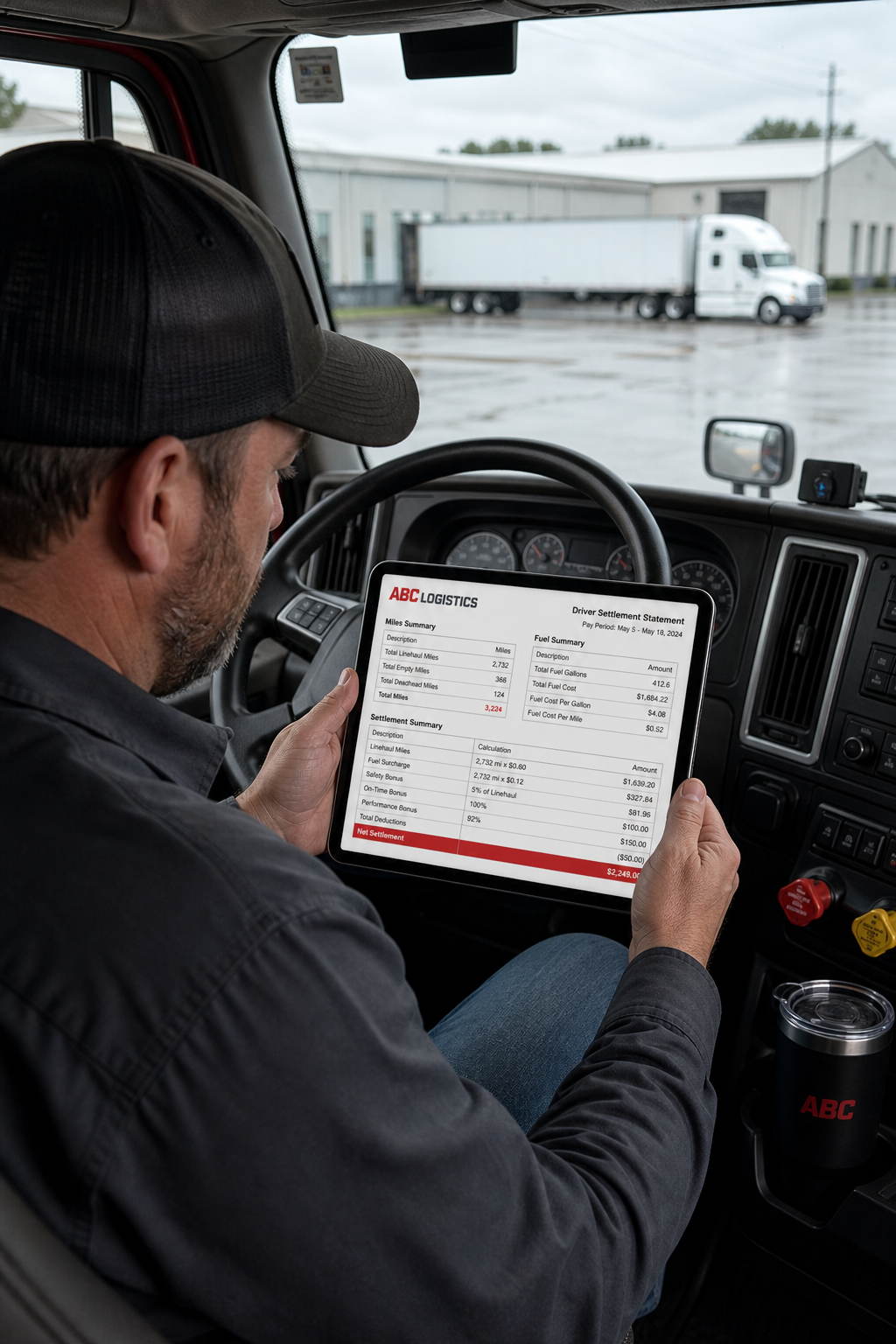 Linehaul driver tracking earnings on tablet