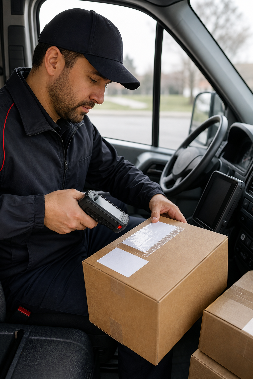 FedEx driver performing scanning and relabeling tasks in the truck cabin