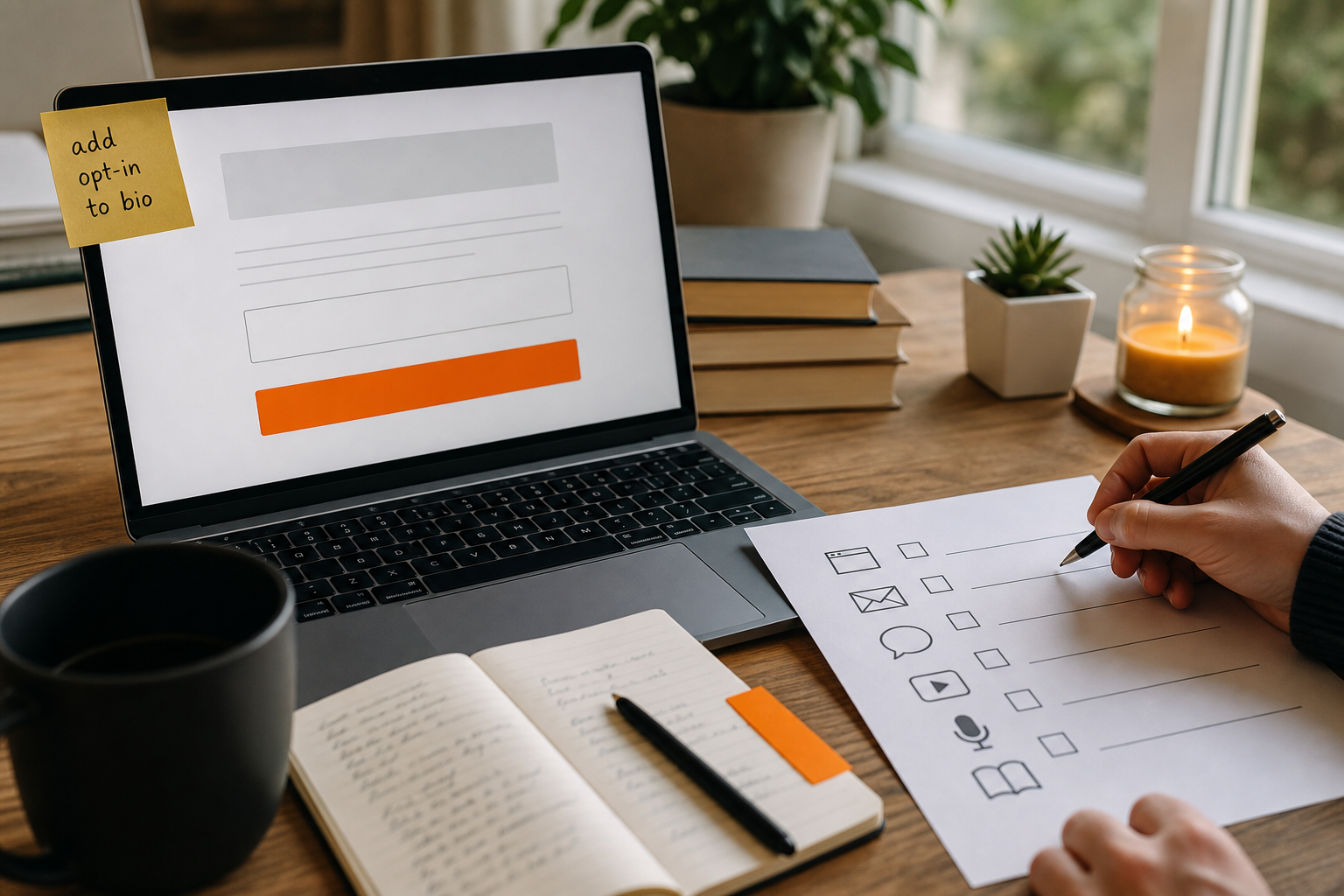 author adding email sign-up prompts across multiple channels to grow list organically.