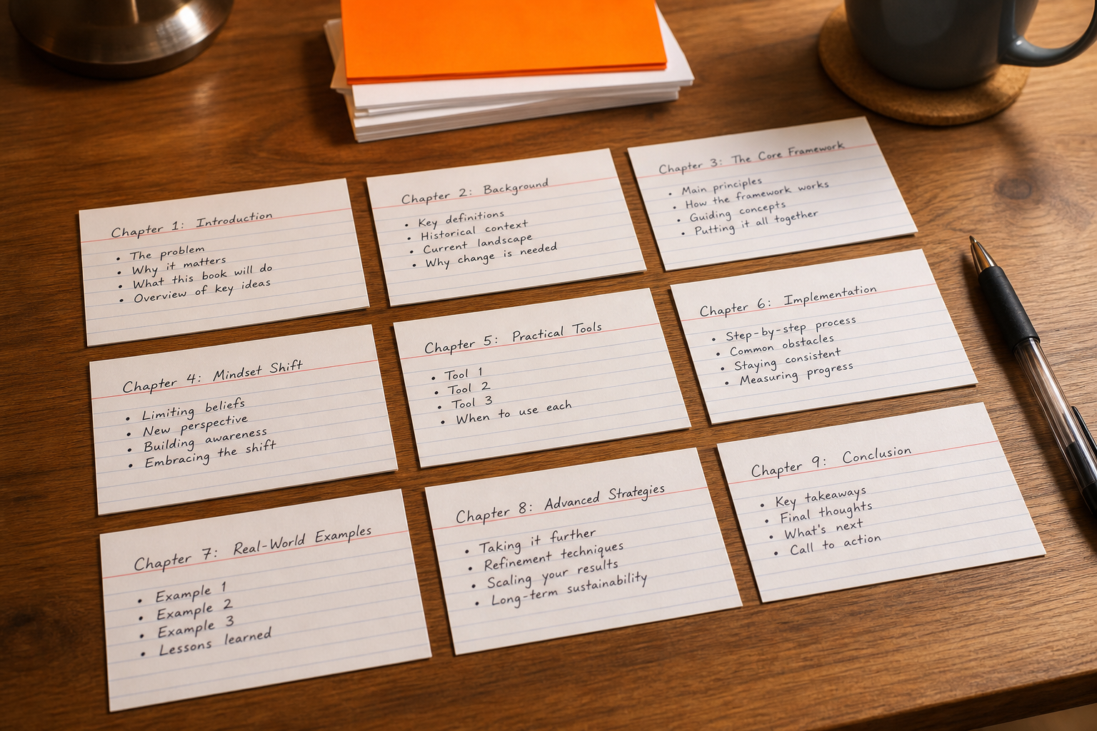 nonfiction book outline with chapter subtopics and key points organized on index cards.