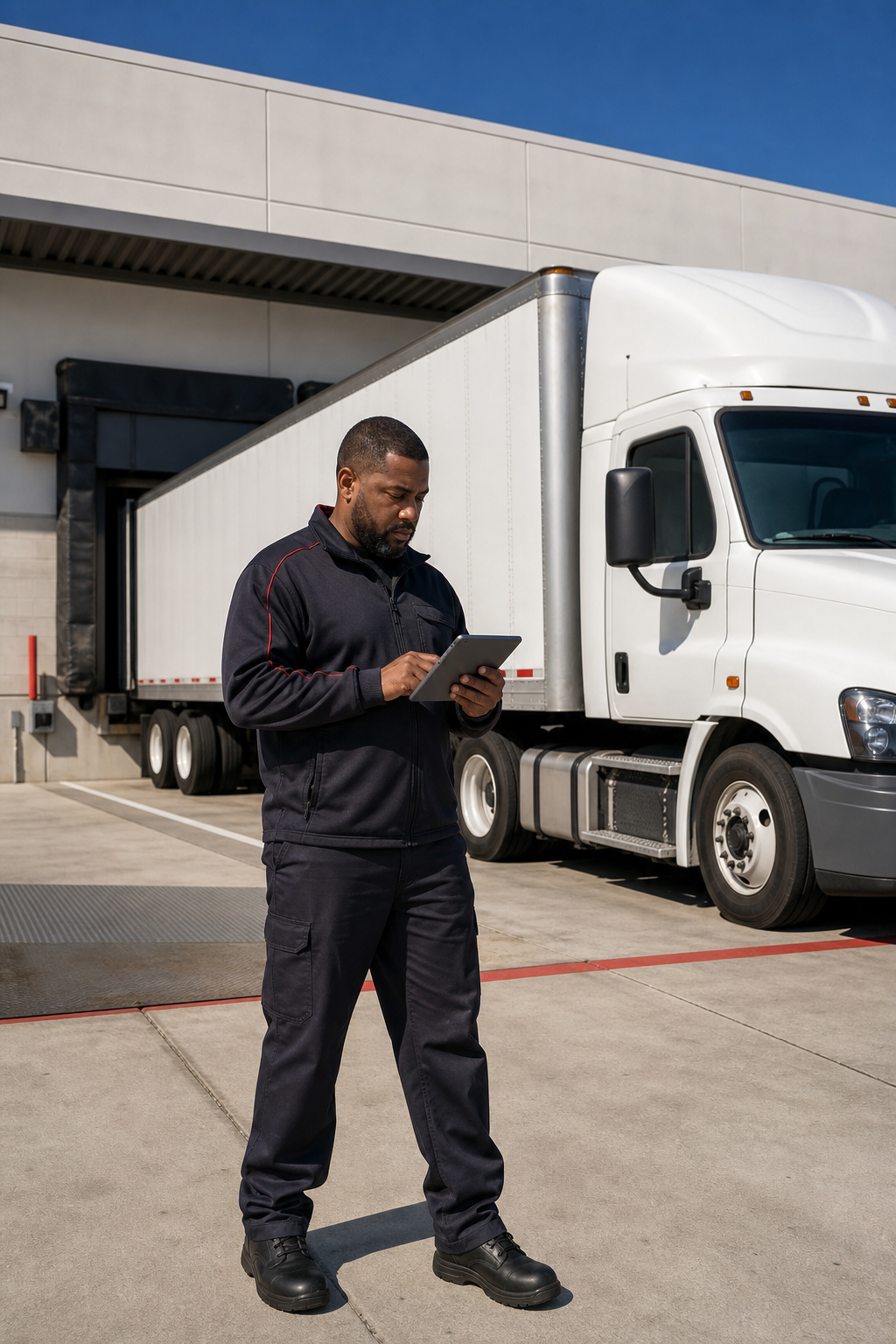 A realistic photo of a FedEx linehaul truck parked at a loading dock in the Inland Empire, with a driver checking a digi