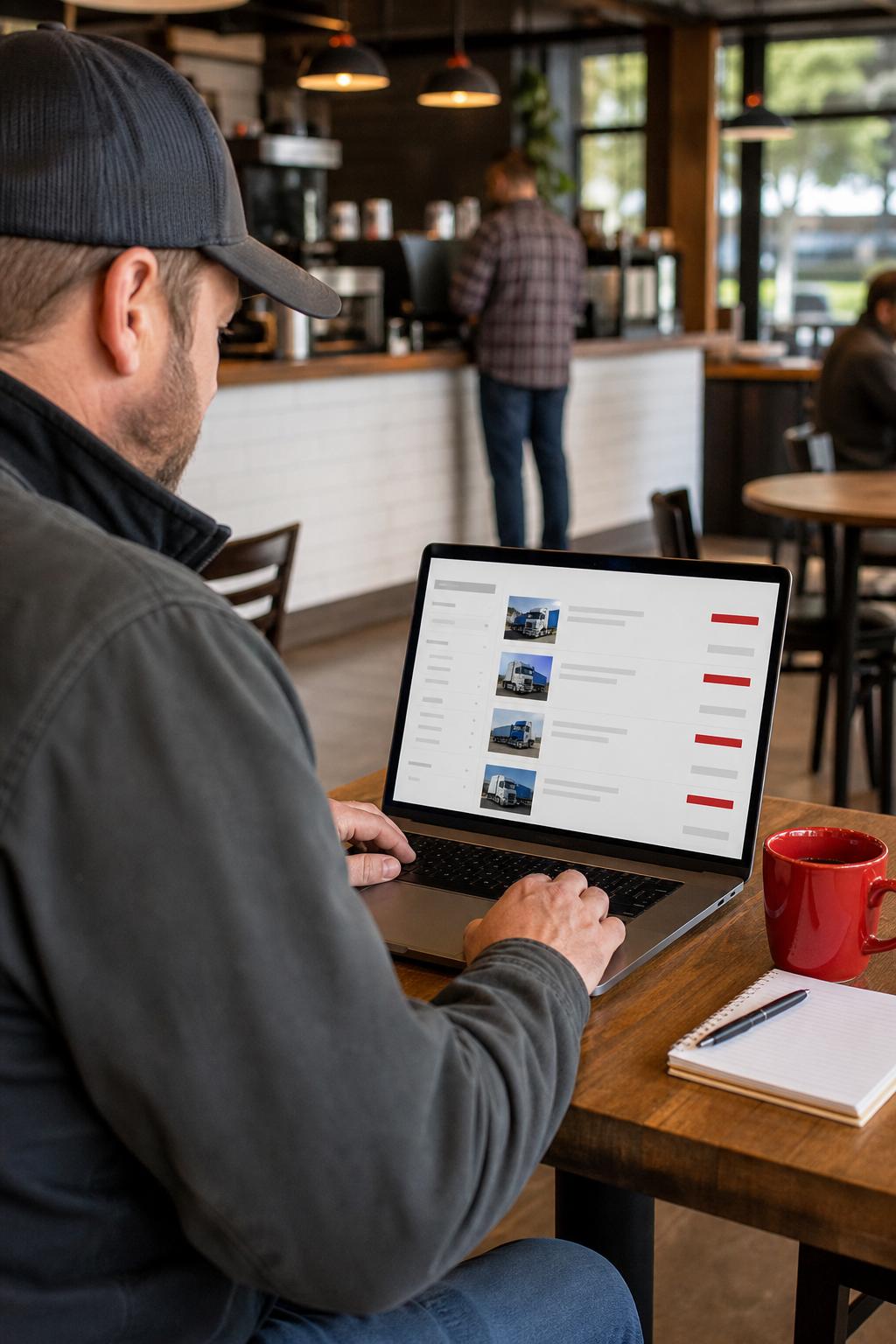 A realistic image of a driver using a laptop at a coffee shop, scrolling through a trucking job board website, warm indo
