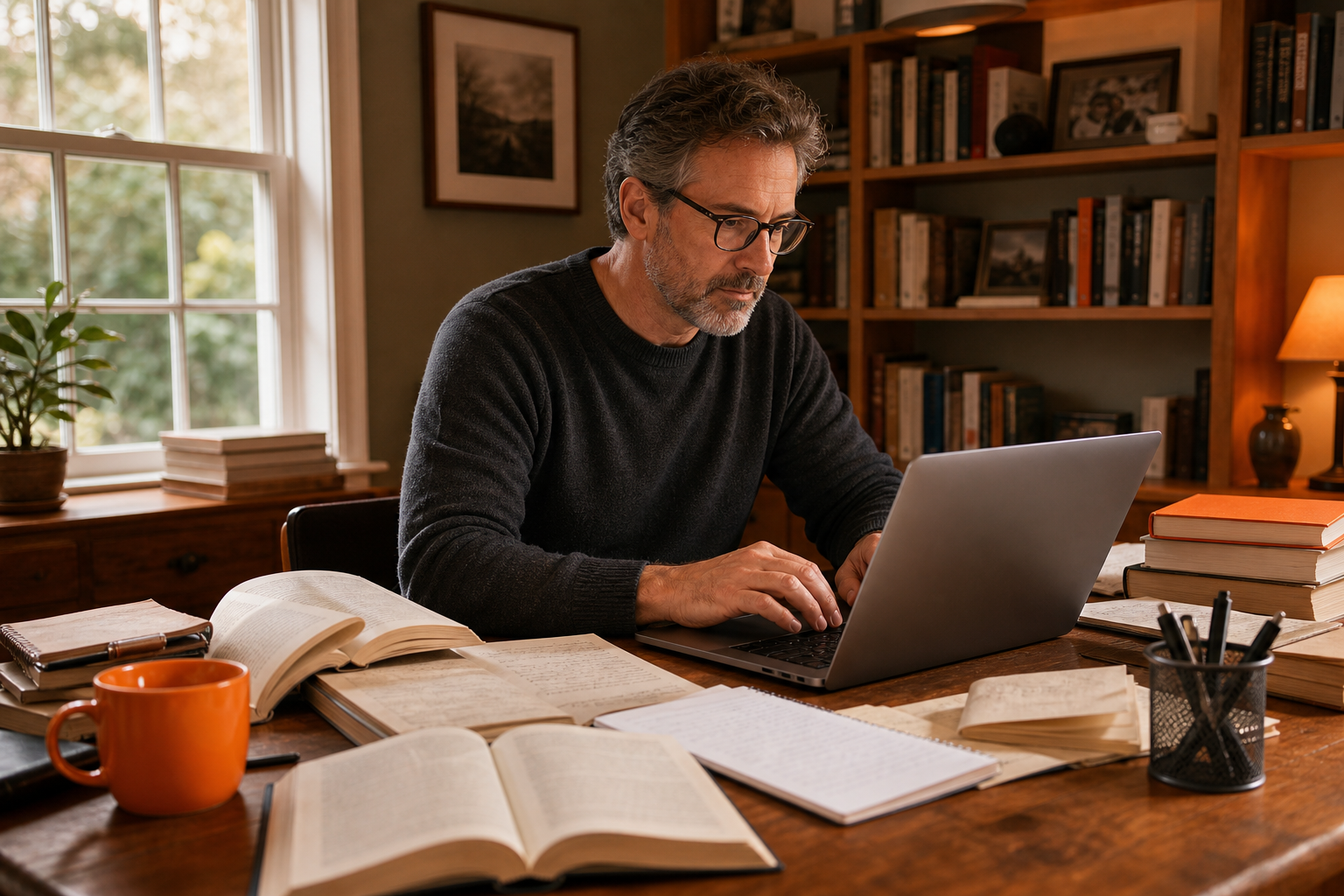 nonfiction author writing at a desk with research notes and laptop.