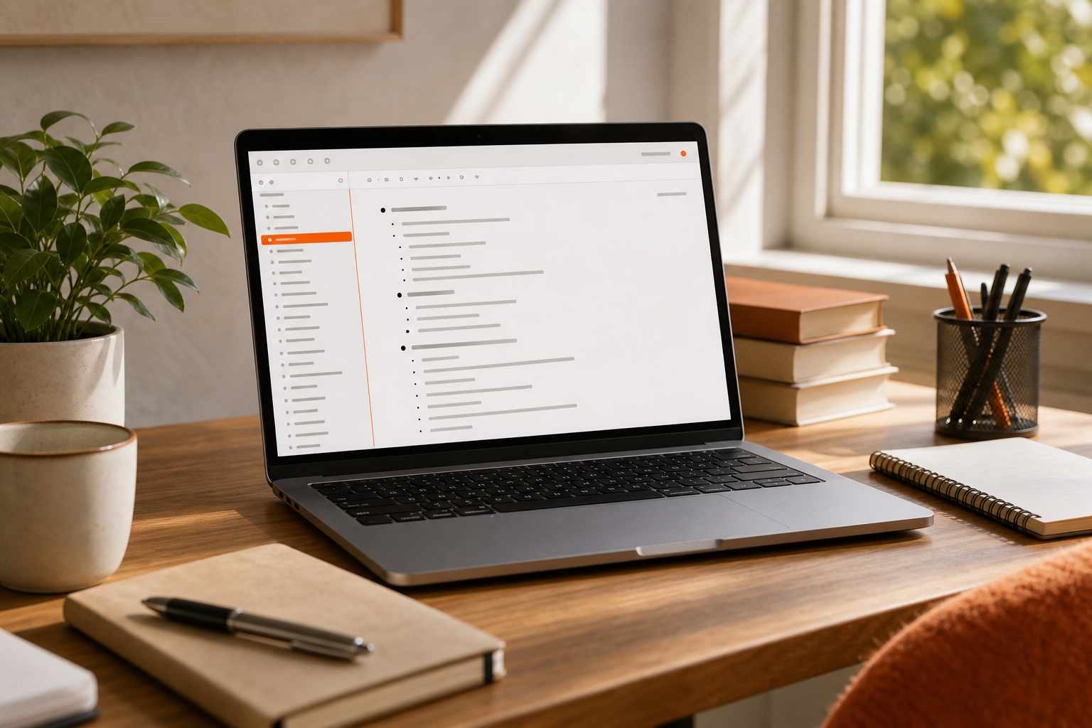 organized nonfiction book outline on a laptop screen in a tidy writing workspace.