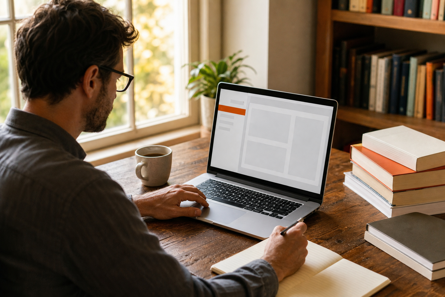 author setting up a self-publishing account on a laptop at a home desk.