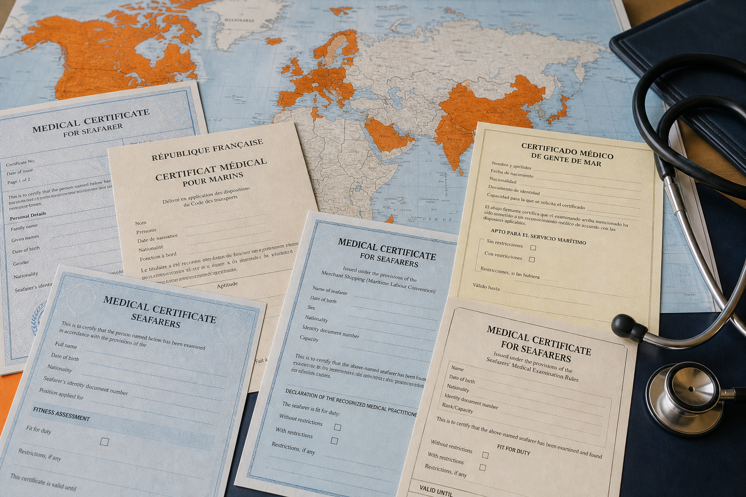 A photorealistic collage showing various maritime medical certificates from different countries, with a world map backgr