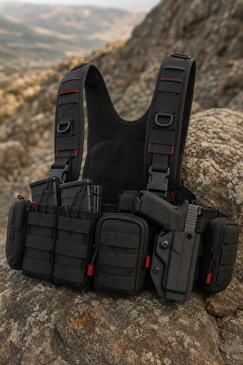 A realistic photo of a tactical chest rig with modular pouches and a Kydex handgun shell, shown on a rugged outdoor back