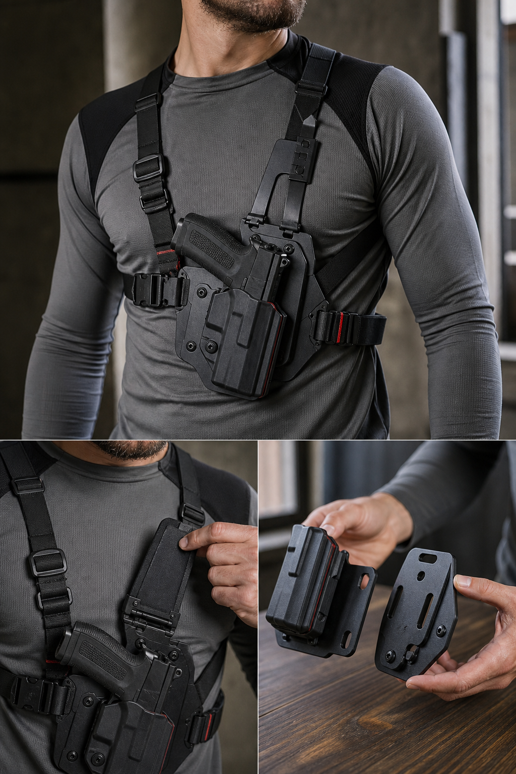 A photorealistic illustration of a chest holster with a detachable modular shell, shown on a torso model wearing a tacti